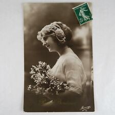 Young Woman & Lily of the Valley Porte Bonheur Postcard RPPC France Posted 1913 picture