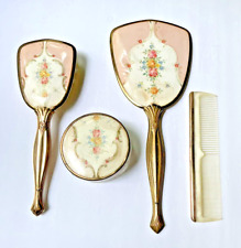 Vintage Vanity Set Pink Flowers Gold Tone Mirror Brush Comb Powder Container picture