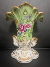 VTG CHELSEA HOUSE Porcelain Flowers Gold Coating Decorated Green Wavy Vase 6