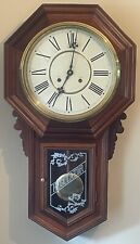 Art Deco Schoolhouse Deep Gong Chime 8 Day Wall Drop Down Working Clock w/ Key picture
