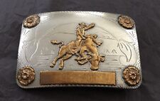 Super Rare Vintage Renalde Solid Nickel Bull Riding Trophy Banner Belt Buckle picture