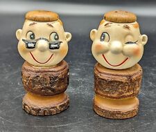 Vintage Happy Monks Salt And Pepper Ceramic & Wood Friars picture