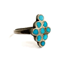 Vintage Zuni Dishta Sterling Silver Inlaid Flush Turquoise Ring, Size 6 picture