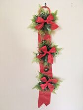 Vintage Christmas Door Wall Hanging Plastic Greenery Jingle Bells Red Bows picture