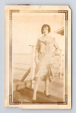 RPPC Vintage Photo Postcard size pretty Woman Lady Boat Dock Pier  1922 Flappers picture