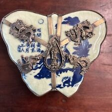 Antique Chinese Porcelain Box Celadon  Silver Dragon Overlays Butterfly-Shaped picture