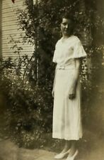 Pretty Woman In White Dress Standing By Flowers House B&W Photograph 2.5 x 3.5 picture
