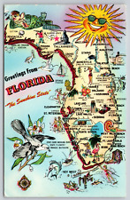 Postcard FL Greetings From Florida Map Anthropomorphic Gator A28 picture