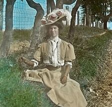 1900's COLOR GLASS SLIDE PHOTO  - Wealthy, Well Dressed Woman Sitting picture