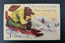 Antique c1900's Cartoon Type Postcard Bear Sledding In The Snow Animal Winter picture