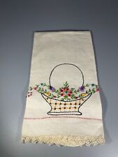 Vintage Linen Guest Hand Towel with Ebroidered Flower Basket & Lace picture