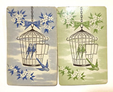 Two Single Swap Playing Cards Blue and Green Parakeets In A Cage Whitman Hostess picture