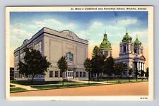 Wichita KS-Kansas, St Mary's Cathedral, Parochial School Vintage c1947 Postcard picture