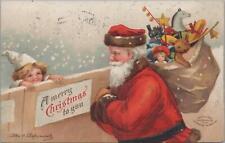 Postcard Christmas Ellen Clapsaddle Santa Claus Bag Toys Little Girl 1907 picture