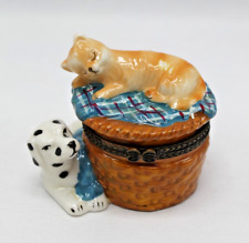 Dalmatian Dog & Sleeping Tabby Cat Porcelain Trinket Box with Hinged Lid 2.5