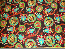 Fabric with medival print on black of flags n coats of arms, signs in latin BTY picture