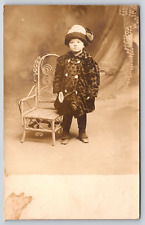 Original RPPC, Cute Girl In Coat And Hat, Wood Chair, Antique Vintage Postcard picture