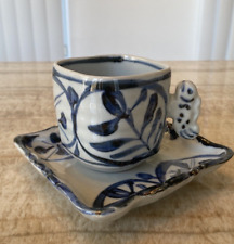 Rare Japanese Square Tea Cup and Saucer with Fish Handle Cobalt Blue Light Gray picture