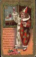 New Year Little Clown Jester Harlequin Drinking Toast c1910 Vintage Postcard picture