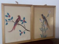 Pair Antique Wood Frames Real Bird Feathers & Hand Painted Background Art Deco  picture