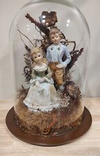 Colonial Couple Ceramic In Heavy Glass Showcase/Dried Foliage On  Wood Base*READ picture