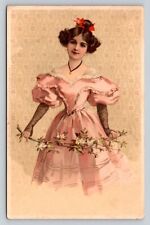 c1905 Old World Pretty Young Woman Fabulous Pink Evening Dress P160A picture