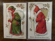 Lot of 2~Tuck Green & Red Robe Old World Santa Claus~Christmas Postcards-k587 picture