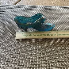 Beautiful Blue Iridescent  Hand Painted Fenton Slipper With Gold Highlights picture
