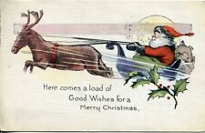 1923 Christmas Postcard of Santa Smoking a Pipe in Sleigh w/ Reindeer picture