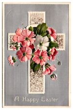 A Happy Easter, Cross, Floral, Embossed, c. 1910, Greetings Postcard picture