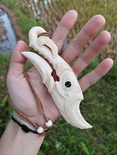 Maori Pendant Huge Manaia Tiki Fish Hook Hand Carved Bone Abalone New Zealand  picture