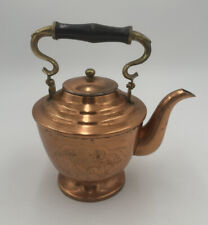 Copper Tea Pot Wooden And Brass Handle Decorative Etching On Sides 7 X 7” picture