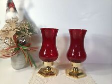 Pair Of Hurricane Glass Candle Holders~ Cranberry ~9.25” Gold Tone Octagon Base picture