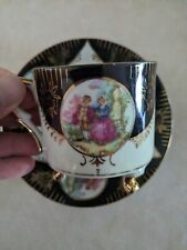 Vintage Royal Sealy Footed Teacup & Saucer Victorian Couple Black White Gold picture