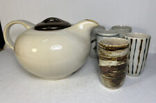 MCM Chinese Tea Set Cream Bronze Teapot & Lid w/ 5 VTG Tea Cups Crackled Finish picture