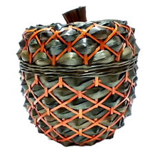 Pineapple Shaped Basket Jar, Vintage Woven Bamboo Canister w/ Lid Green & Orange picture