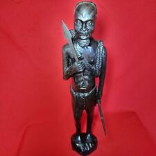 VTG African Tribal Hunter Man Holding Spear Hand Carved Wood Sculpture 20” Tall picture