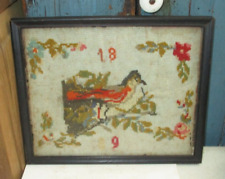 ANTIQUE 1889 VICTORIAN NEEDLEPOINT EMBROIDERY SAMPLER-BALTIMORE RED WING BIRD picture