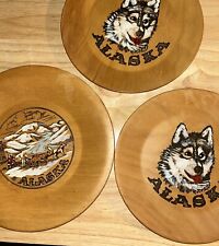 3 Vintage Wooden Plates Alaska. 2-Alaskan Huskies 8” Plates. 1-Iditarod Sled 9” picture