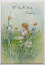 Vtg Birthday Card-LOVELY GIRL SITTING ON THE GRASS AMONG DAISIES FLOWERS-1970's picture