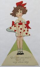 Vtg Art Deco Die Cut Valentine Card-CUTE GIRL IN A HEARTS DRESS picture