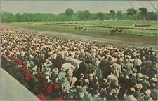 c1960s Saratoga New York horse racetrack homestretch crowd postcard B324 picture