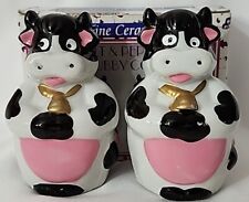Vintage Holstein Dairy Cow Salt and Pepper Shakers Set Black & White In Box EUC  picture