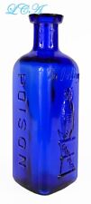 Large OWL DRUG 2 wing POISON bottle COBALT BLUE pristine TRIANGLE 5 3/4