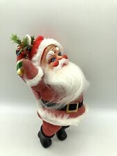 Vtg Flocked Santa Leaning W/ Bag Of Gifts Stocking Hat Jingle Bells Black Boots picture