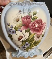 Vintage Alberta’s Heart Shaped Blue Vase 9.5”h 9”w  Pink Flowers Floral picture