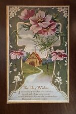 Vintage Birthday Wishes Postcard with Pink Flowers Embossed H110 picture