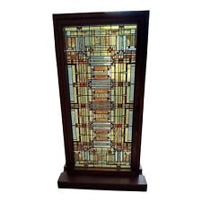 FRANK LLOYD WRIGHT OAK PARK STAINED GLASS IN WOOD FRAME WITH STAND picture