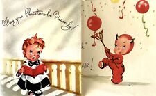 Unused Christmas Boy Heavenly New Year Devil Vintage Greeting Card 1940s 1950s picture