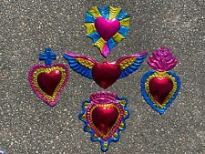 SET of FIVE Tin Sacred HEART Ornaments, Bright Colors, Sacred Heart Milagros picture